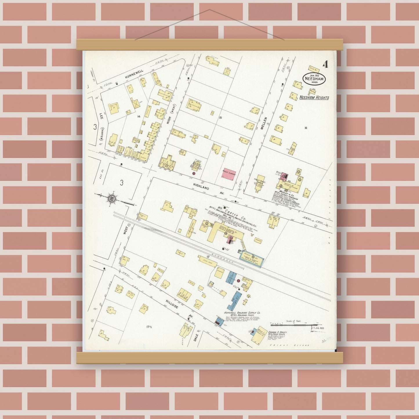 Old map wall art mockup — magnetic wood frame on brick wall — Sanborn Fire Insurance Map from Needham, Norfolk County, Massachusetts (1912), Sheet #0004