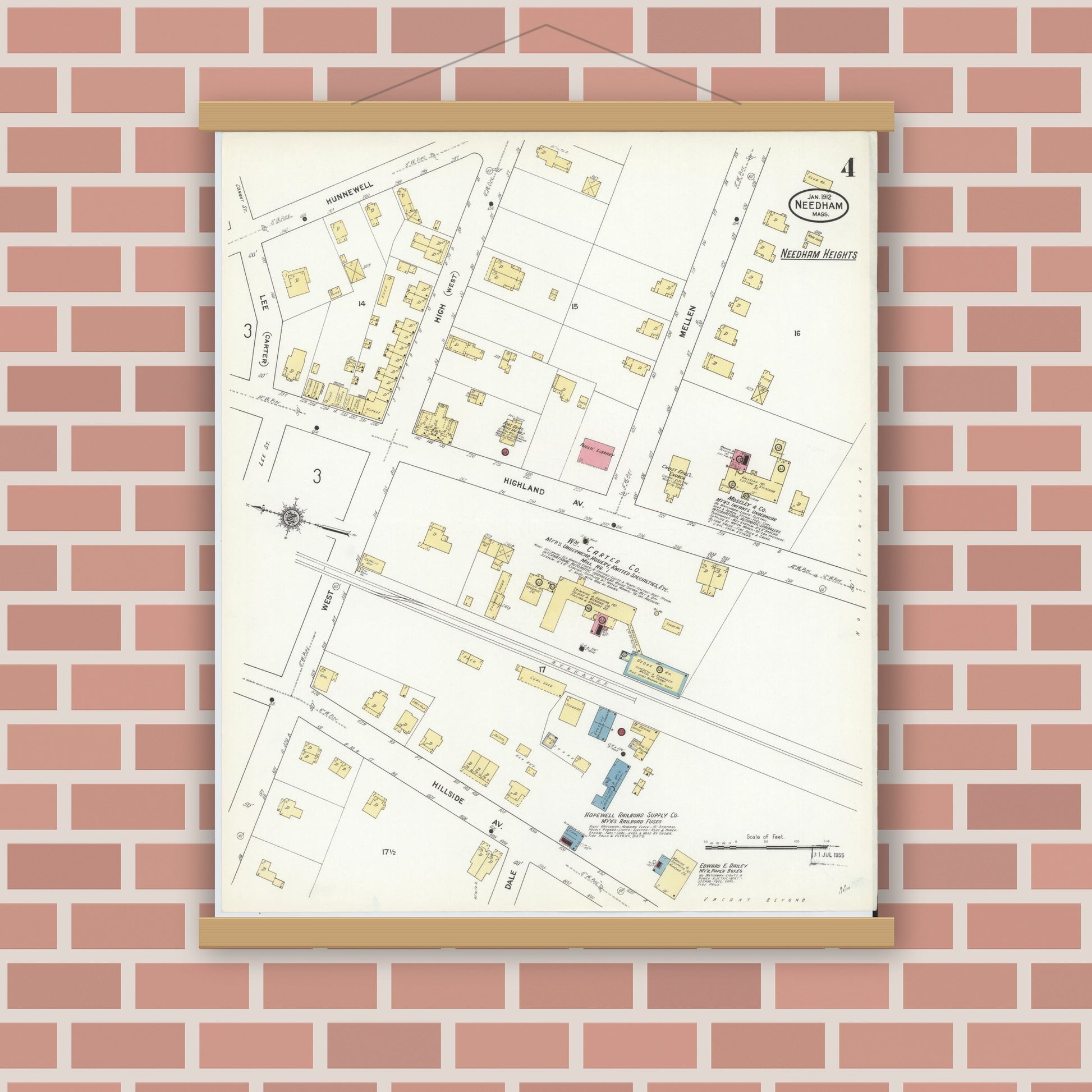 Old map wall art mockup — magnetic wood frame on brick wall — Sanborn Fire Insurance Map from Needham, Norfolk County, Massachusetts (1912), Sheet #0004