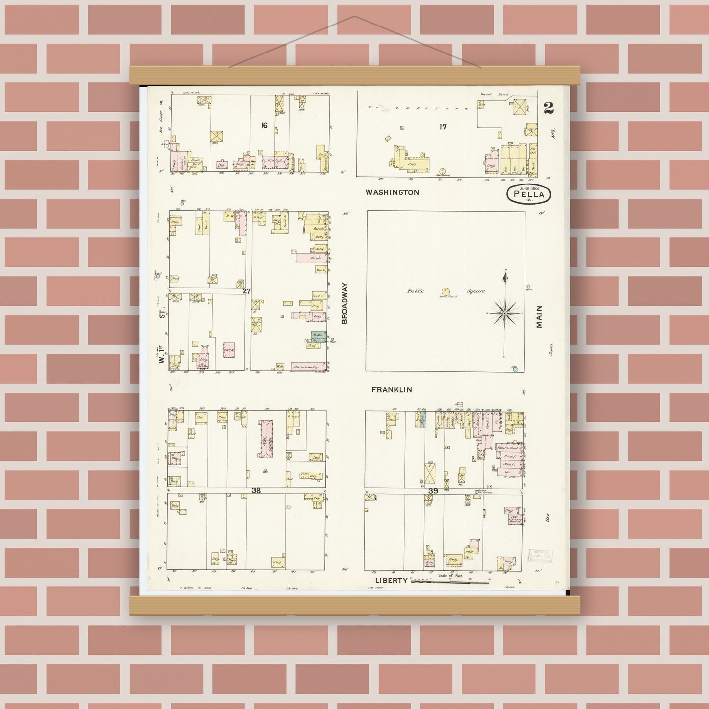 Old map wall art mockup — magnetic wood frame on brick wall — Sanborn Fire Insurance Map from Pella, Marion County, Iowa (1888), Sheet #0002