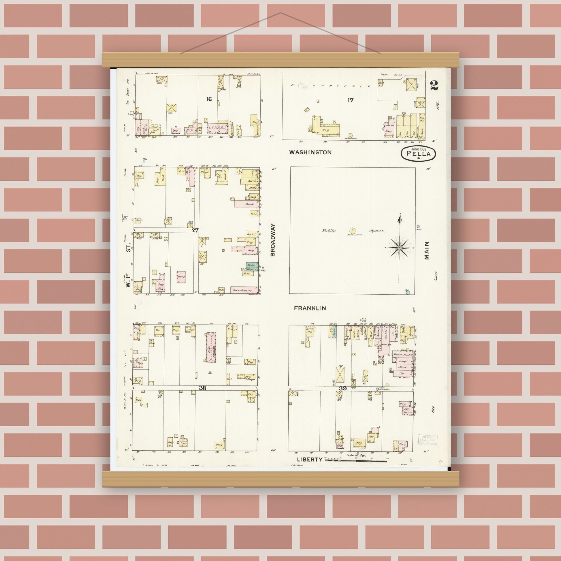 Old map wall art mockup — magnetic wood frame on brick wall — Sanborn Fire Insurance Map from Pella, Marion County, Iowa (1888), Sheet #0002