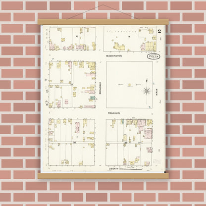 Old map wall art mockup — magnetic wood frame on brick wall — Sanborn Fire Insurance Map from Pella, Marion County, Iowa (1888), Sheet #0002