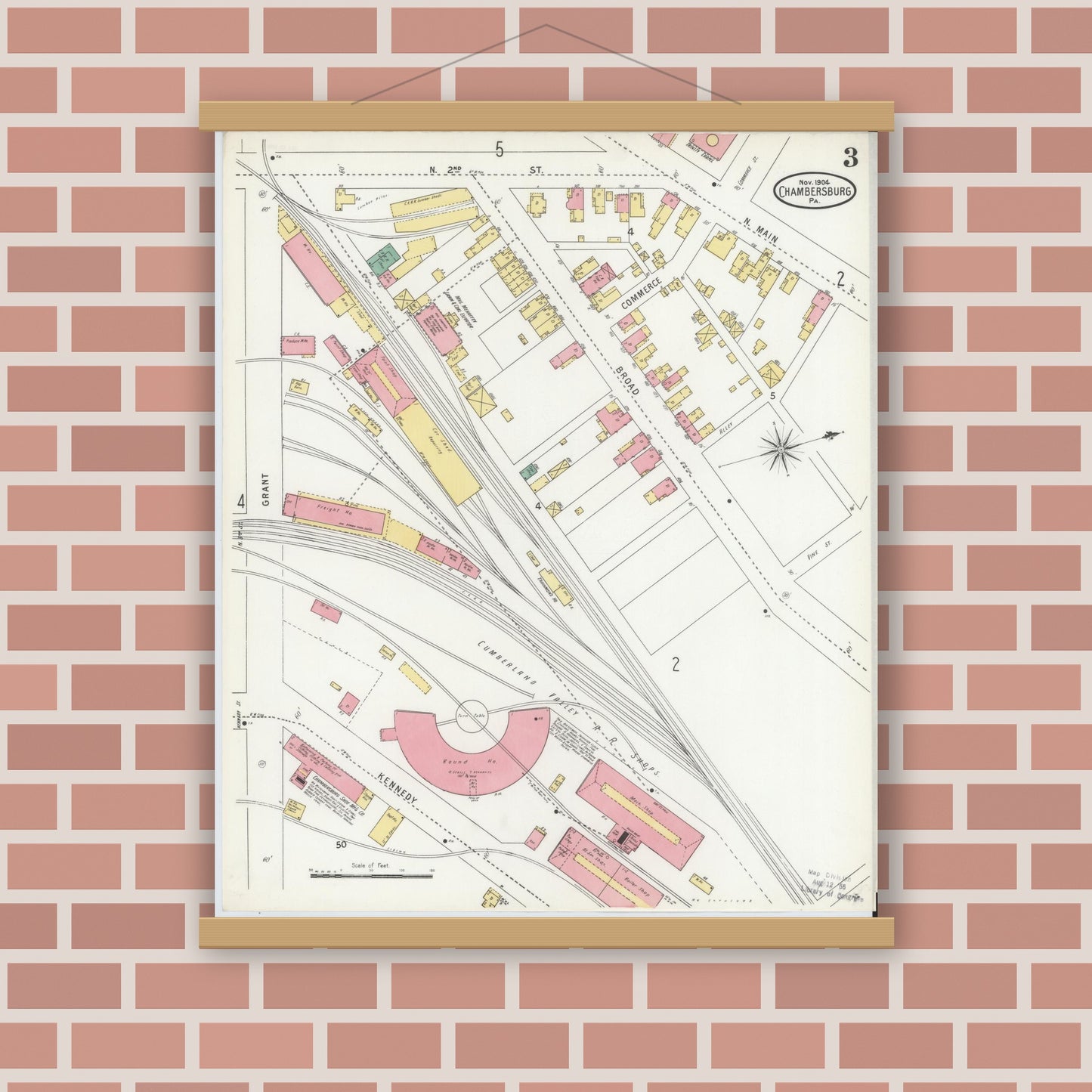 Old map wall art mockup — magnetic wood frame on brick wall — Sanborn Fire Insurance Map from Chambersburg, Franklin County, Pennsylvania (1904), Sheet #0003