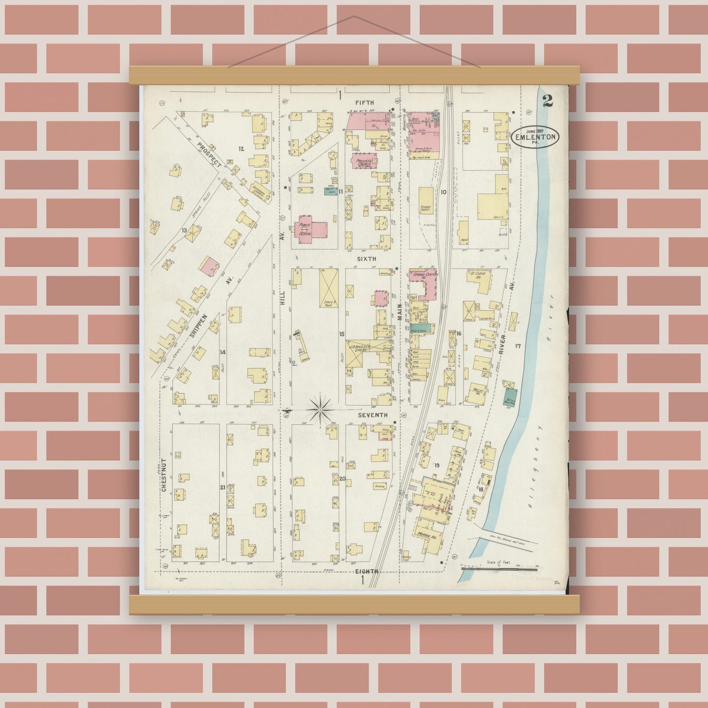 Old map wall art mockup — magnetic wood frame on brick wall — Sanborn Fire Insurance Map from Emlenton, Venango County, Pennsylvania (1897), Sheet #0002