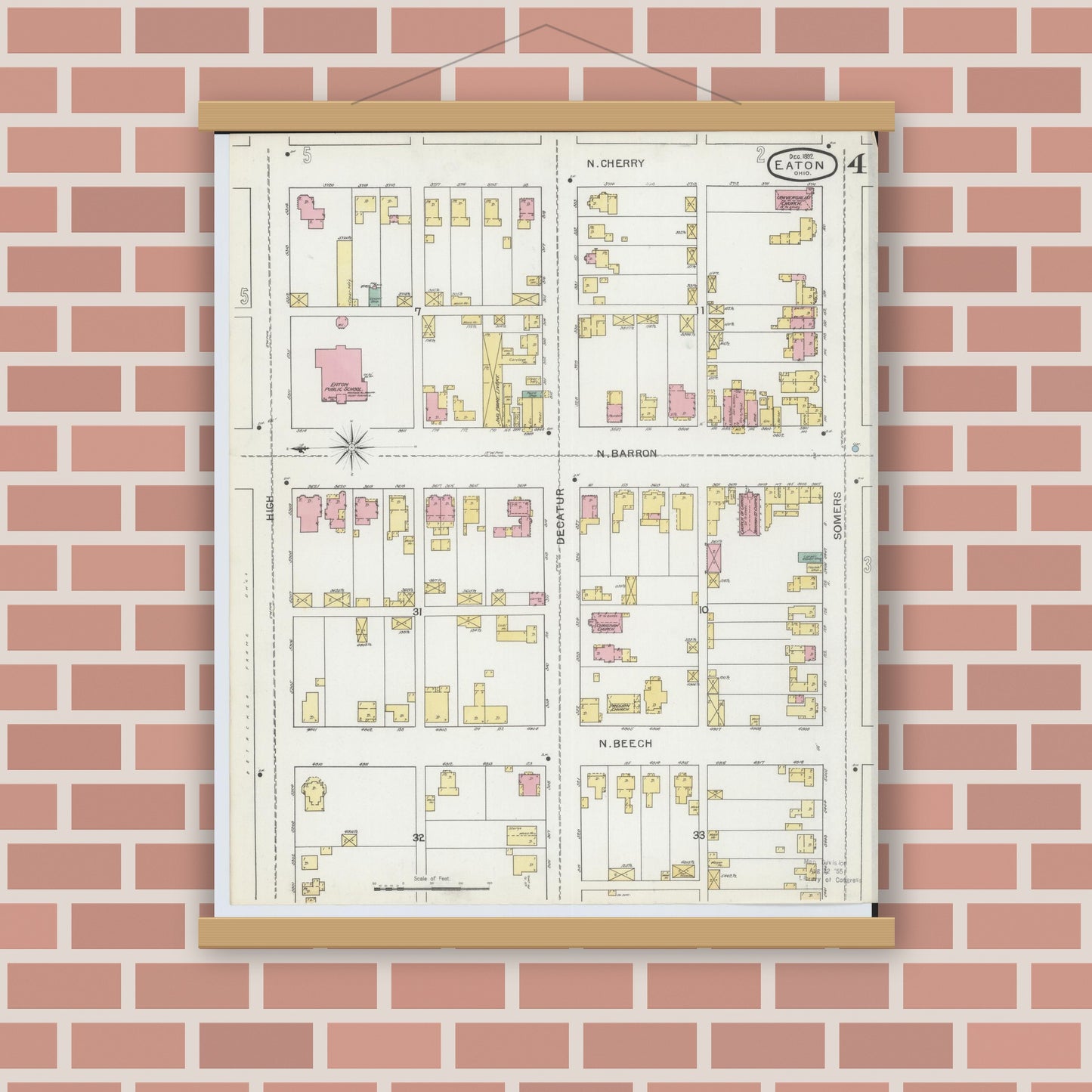 Old map wall art mockup — magnetic wood frame on brick wall — Sanborn Fire Insurance Map from Eaton, Preble County, Ohio (1892), Sheet #0004