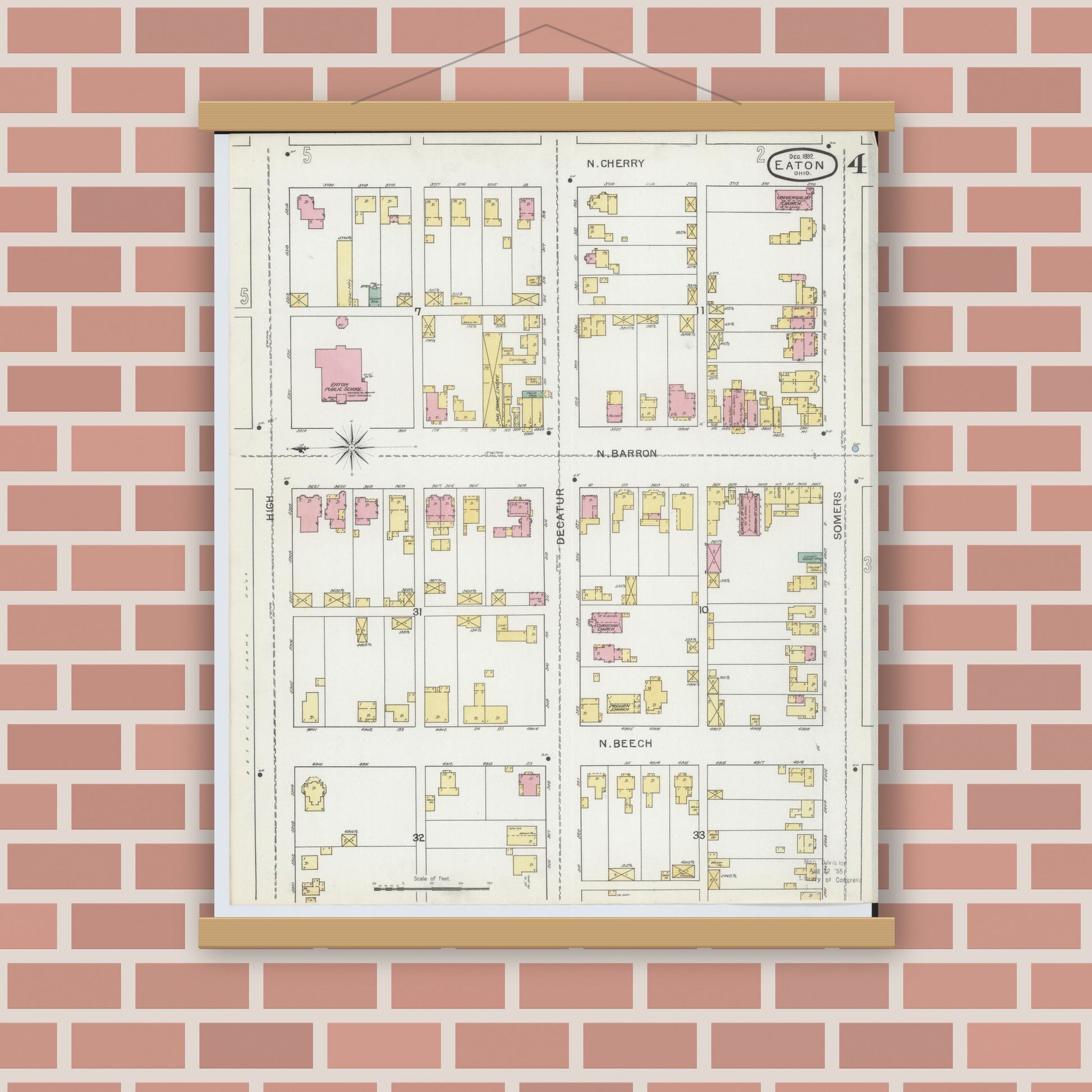 Old map wall art mockup — magnetic wood frame on brick wall — Sanborn Fire Insurance Map from Eaton, Preble County, Ohio (1892), Sheet #0004