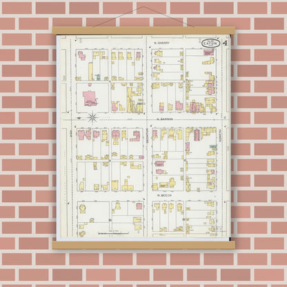 Old map wall art mockup — magnetic wood frame on brick wall — Sanborn Fire Insurance Map from Eaton, Preble County, Ohio (1892), Sheet #0004