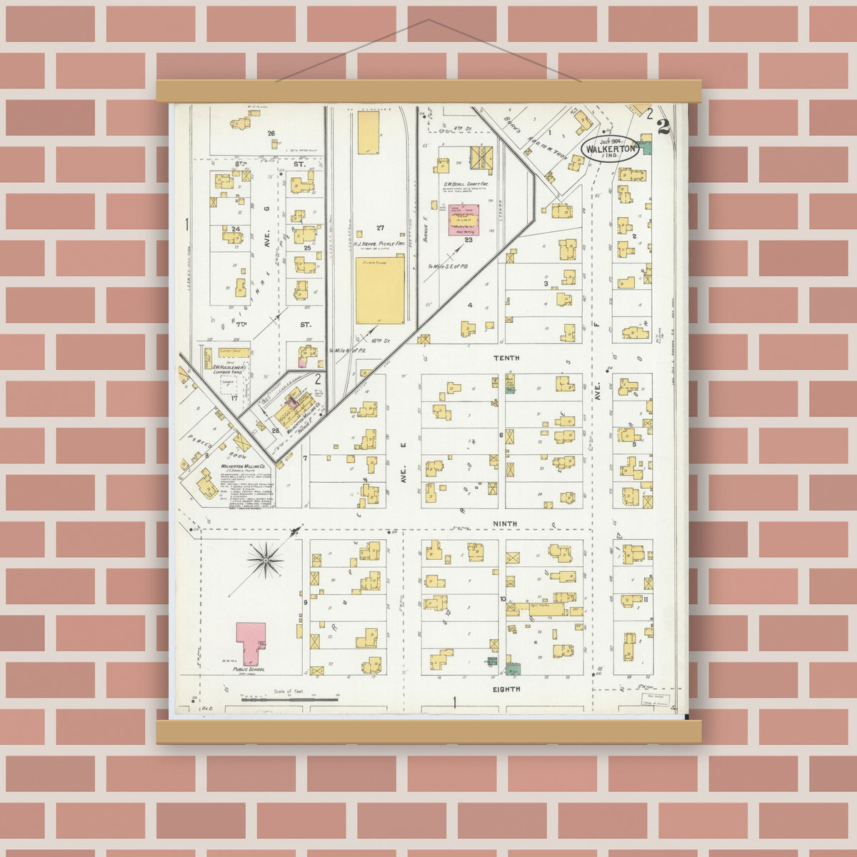 Old map wall art mockup — magnetic wood frame on brick wall — Sanborn Fire Insurance Map from Walkerton, Saint Joseph County, Indiana (1904), Sheet #0002