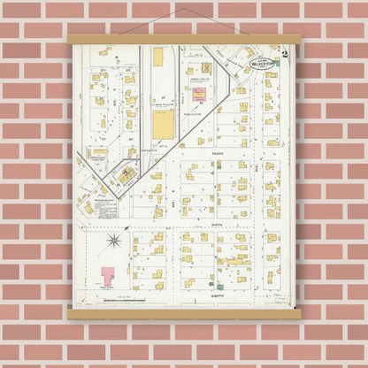 Old map wall art mockup — magnetic wood frame on brick wall — Sanborn Fire Insurance Map from Walkerton, Saint Joseph County, Indiana (1904), Sheet #0002