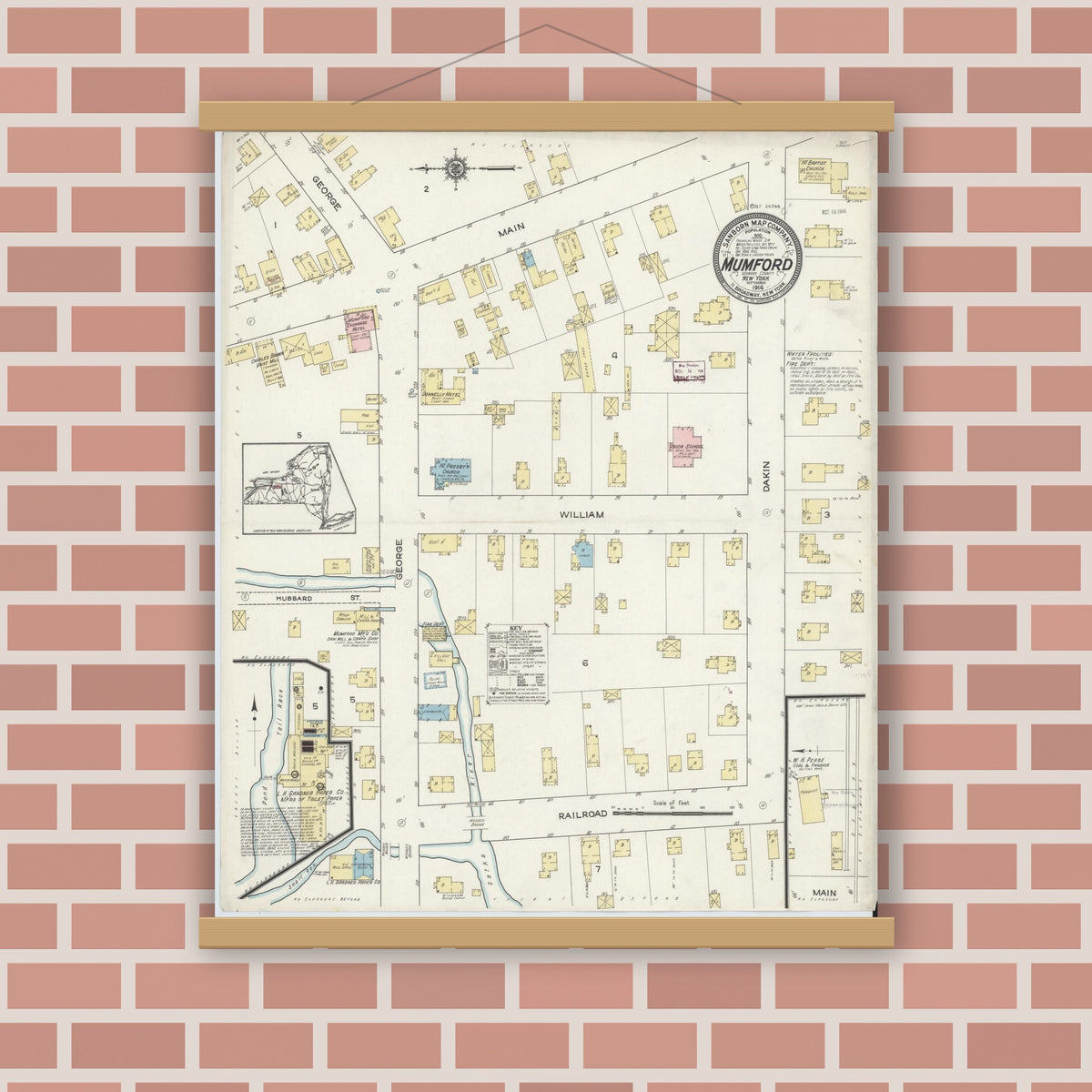 Old map wall art mockup — magnetic wood frame on brick wall — Sanborn Fire Insurance Map from Mumford, Monroe County, New York (1914), Sheet #0001