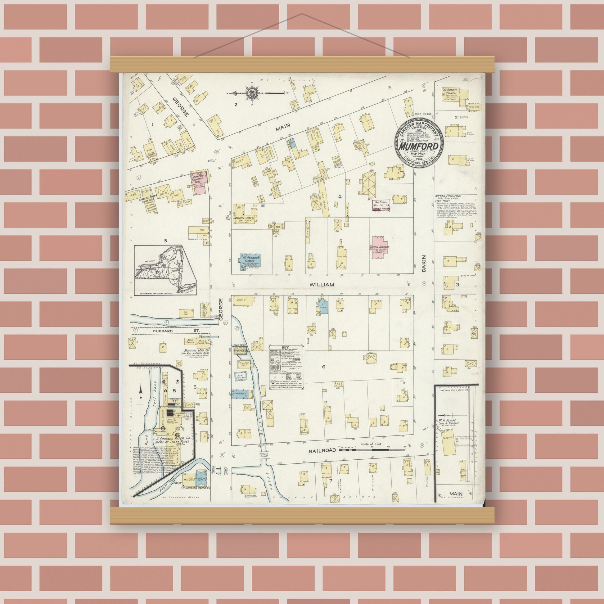 Old map wall art mockup — magnetic wood frame on brick wall — Sanborn Fire Insurance Map from Mumford, Monroe County, New York (1914), Sheet #0001