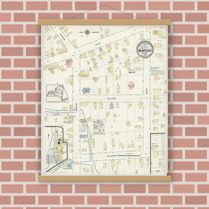 Old map wall art mockup — magnetic wood frame on brick wall — Sanborn Fire Insurance Map from Mumford, Monroe County, New York (1914), Sheet #0001