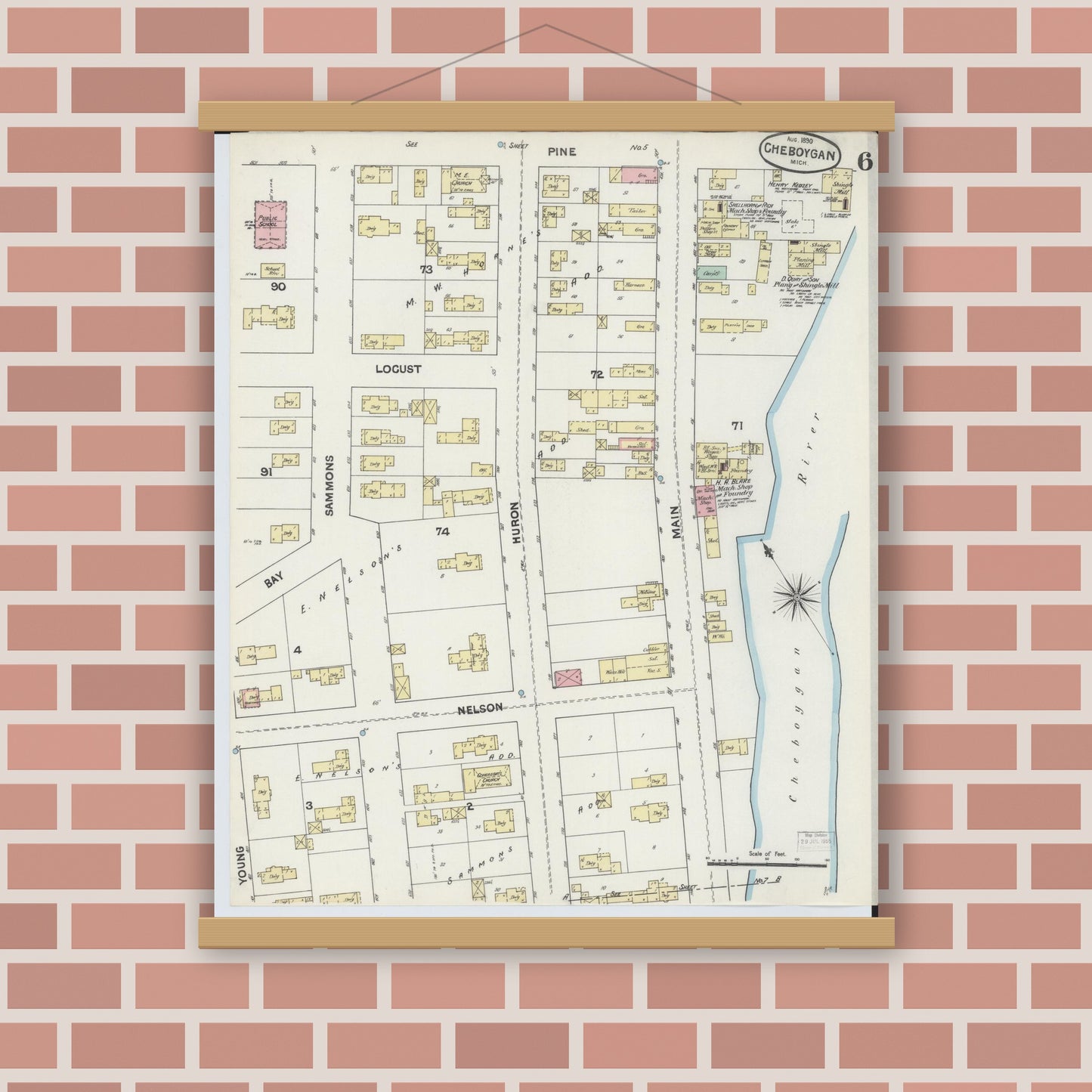 Old map wall art mockup — magnetic wood frame on brick wall — Sanborn Fire Insurance Map from Cheboygan, Cheboygan County, Michigan (1890), Sheet #0006