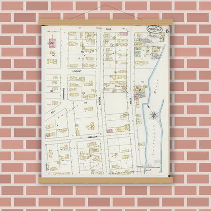 Old map wall art mockup — magnetic wood frame on brick wall — Sanborn Fire Insurance Map from Cheboygan, Cheboygan County, Michigan (1890), Sheet #0006