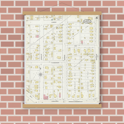 Old map wall art mockup — magnetic wood frame on brick wall — Sanborn Fire Insurance Map from Danville, Vermilion County, Illinois (1895), Sheet #0004