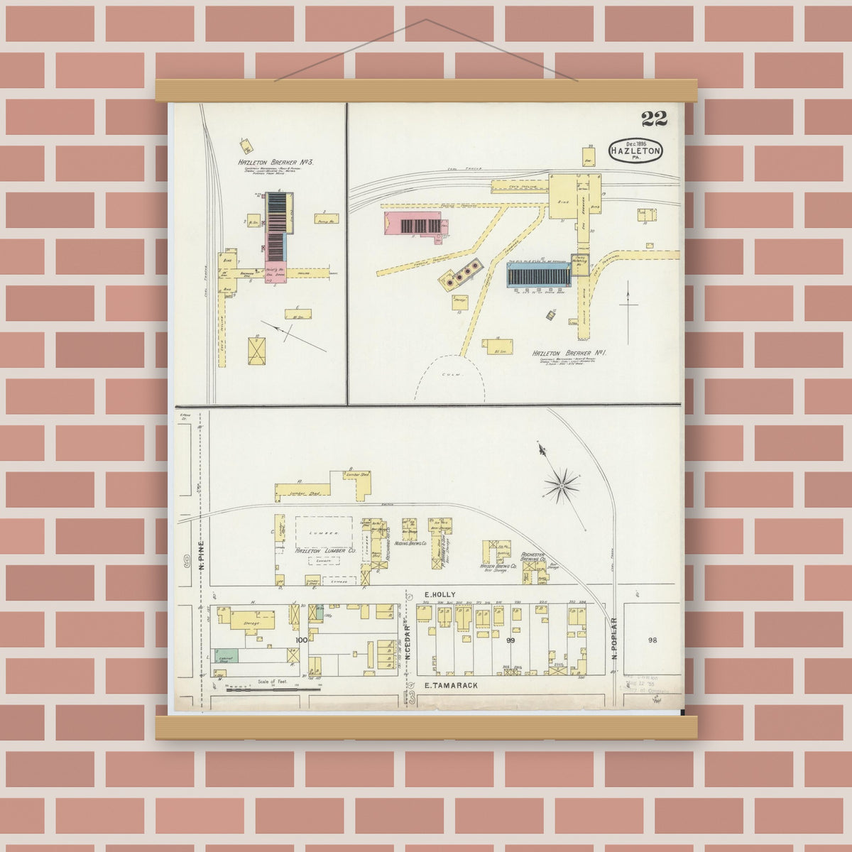 Old map wall art mockup — magnetic wood frame on brick wall — Sanborn Fire Insurance Map from Hazleton, Luzerne County, Pennsylvania (1895), Sheet #0022