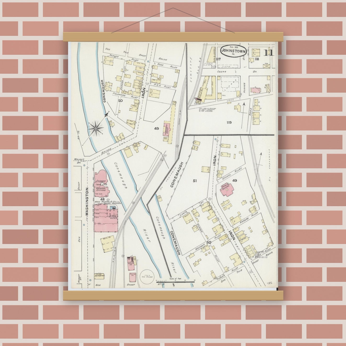 Old map wall art mockup — magnetic wood frame on brick wall — Sanborn Fire Insurance Map from Johnstown, Cambria County, Pennsylvania (1891), Sheet #0011