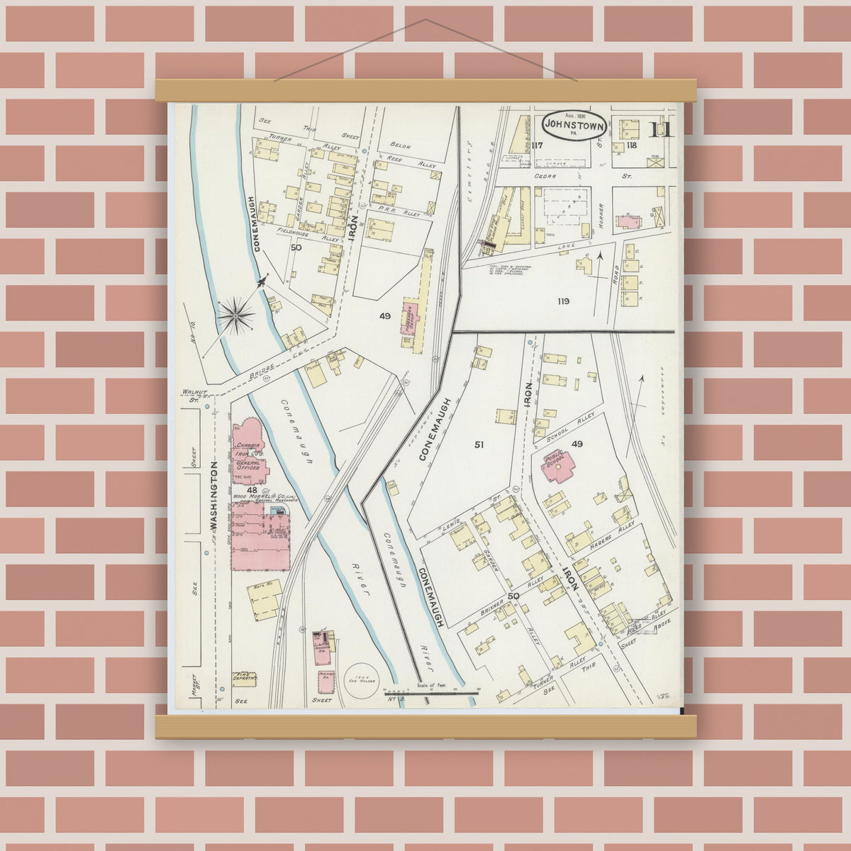 Old map wall art mockup — magnetic wood frame on brick wall — Sanborn Fire Insurance Map from Johnstown, Cambria County, Pennsylvania (1891), Sheet #0011