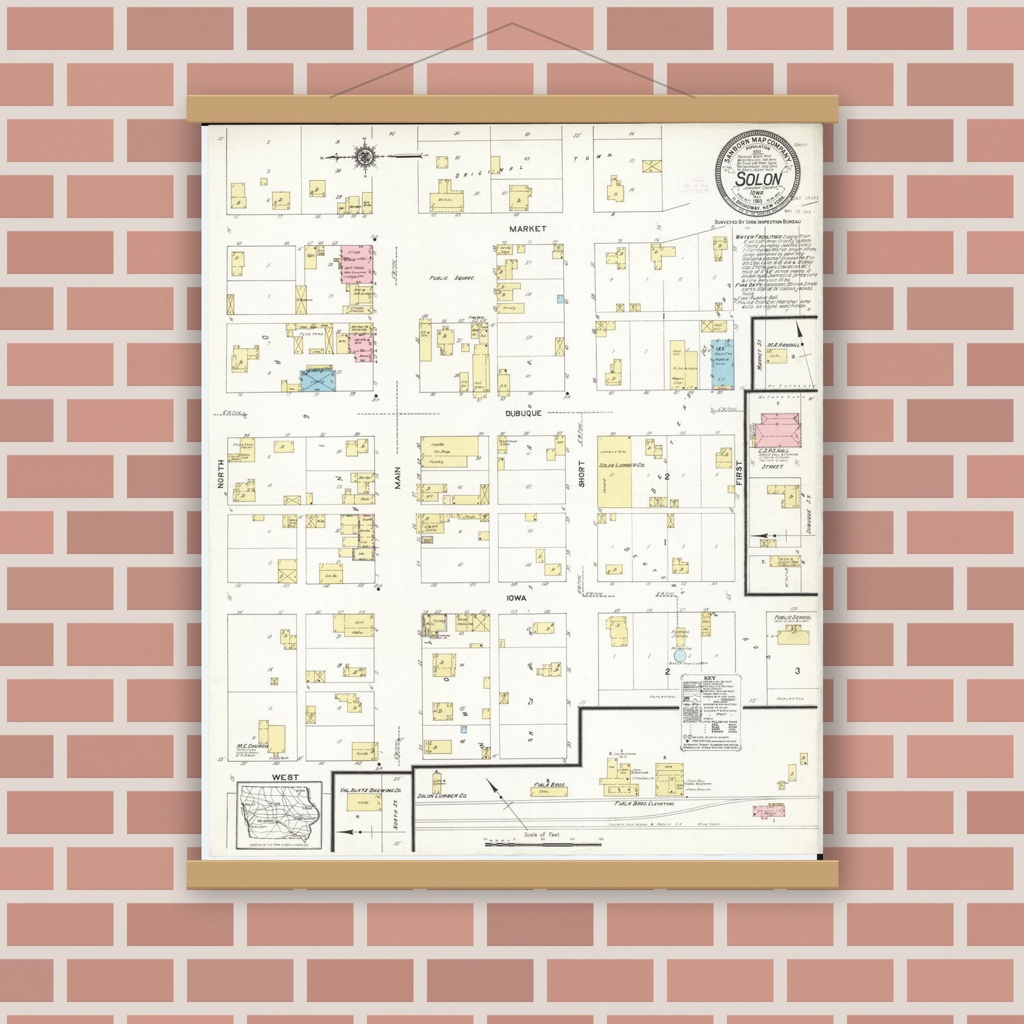 Old map wall art mockup — magnetic wood frame on brick wall — Sanborn Fire Insurance Map from Solon, Johnson County, Iowa (1913), Sheet #0001