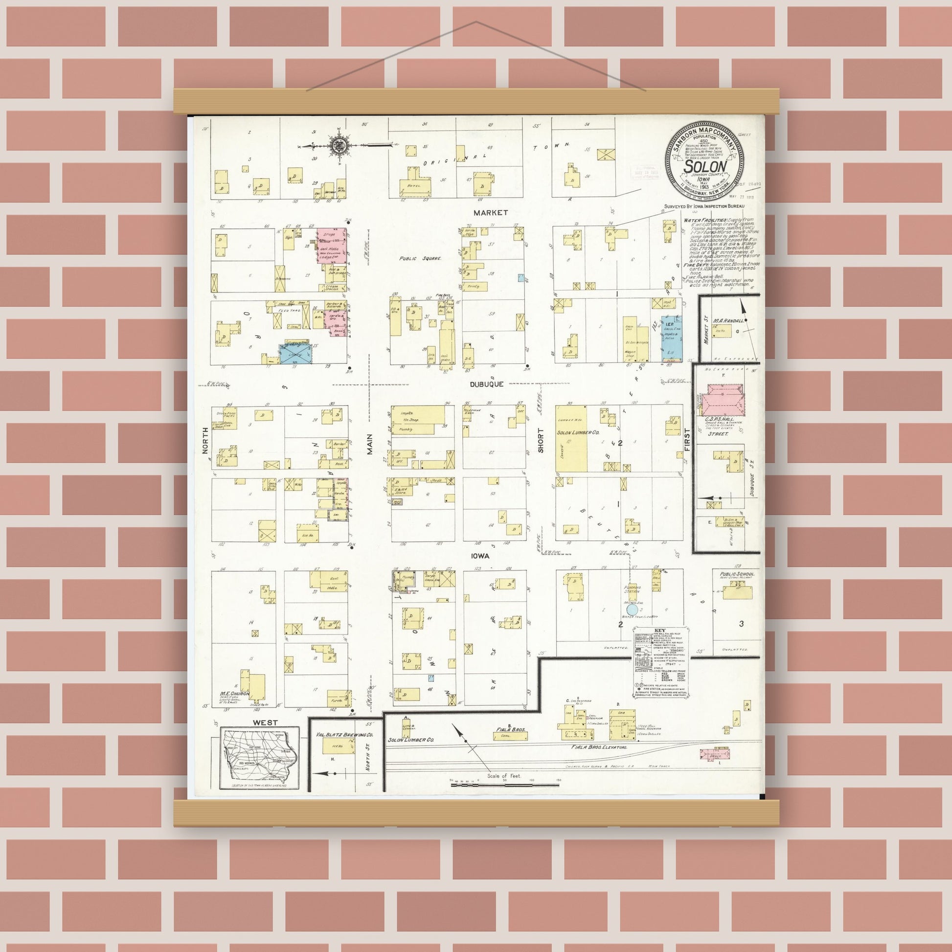 Old map wall art mockup — magnetic wood frame on brick wall — Sanborn Fire Insurance Map from Solon, Johnson County, Iowa (1913), Sheet #0001