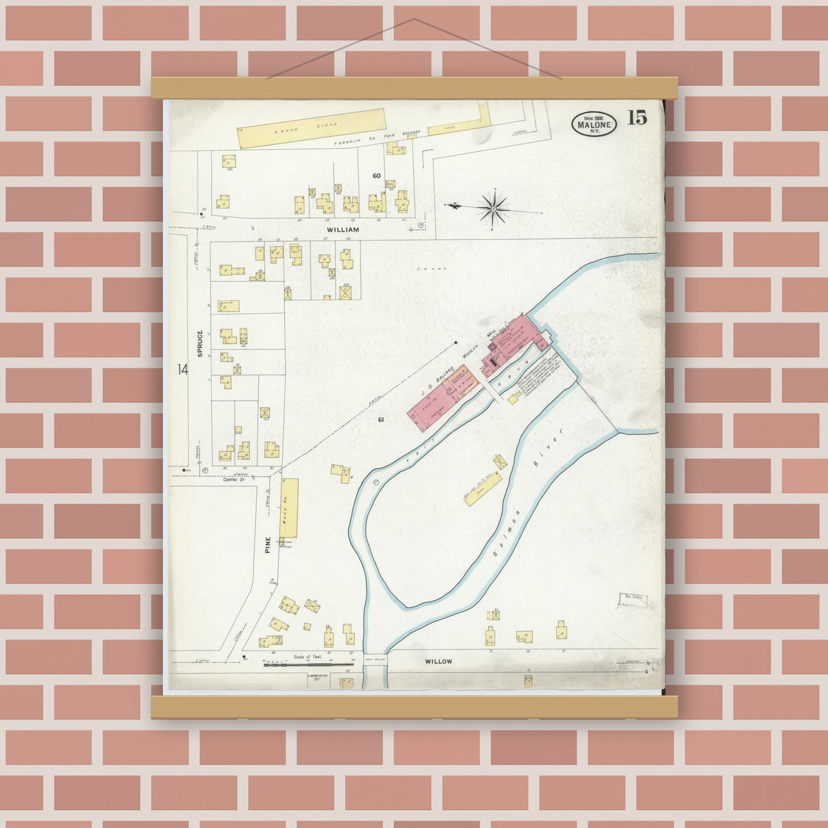 Old map wall art mockup — magnetic wood frame on brick wall — Sanborn Fire Insurance Map from Malone, Franklin County, New York (1908), Sheet #0015