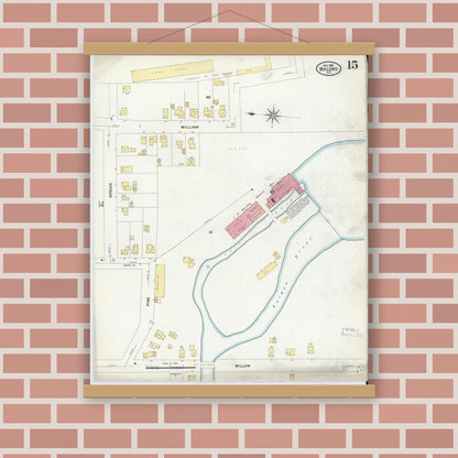 Old map wall art mockup — magnetic wood frame on brick wall — Sanborn Fire Insurance Map from Malone, Franklin County, New York (1908), Sheet #0015