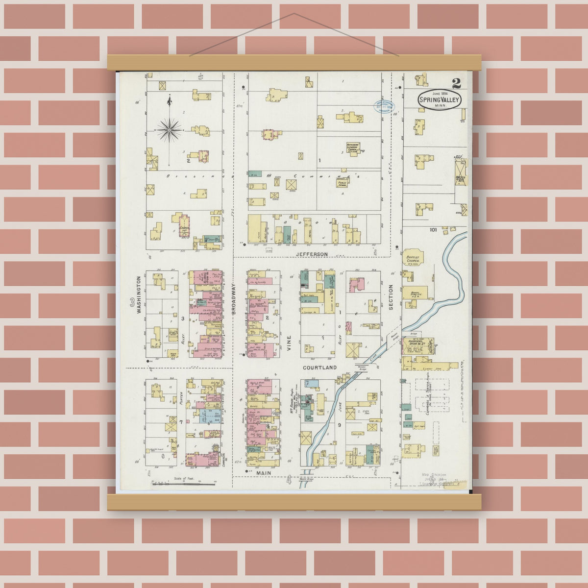 Old map wall art mockup — magnetic wood frame on brick wall — Sanborn Fire Insurance Map from Spring Valley, Fillmore County, Minnesota (1894), Sheet #0002