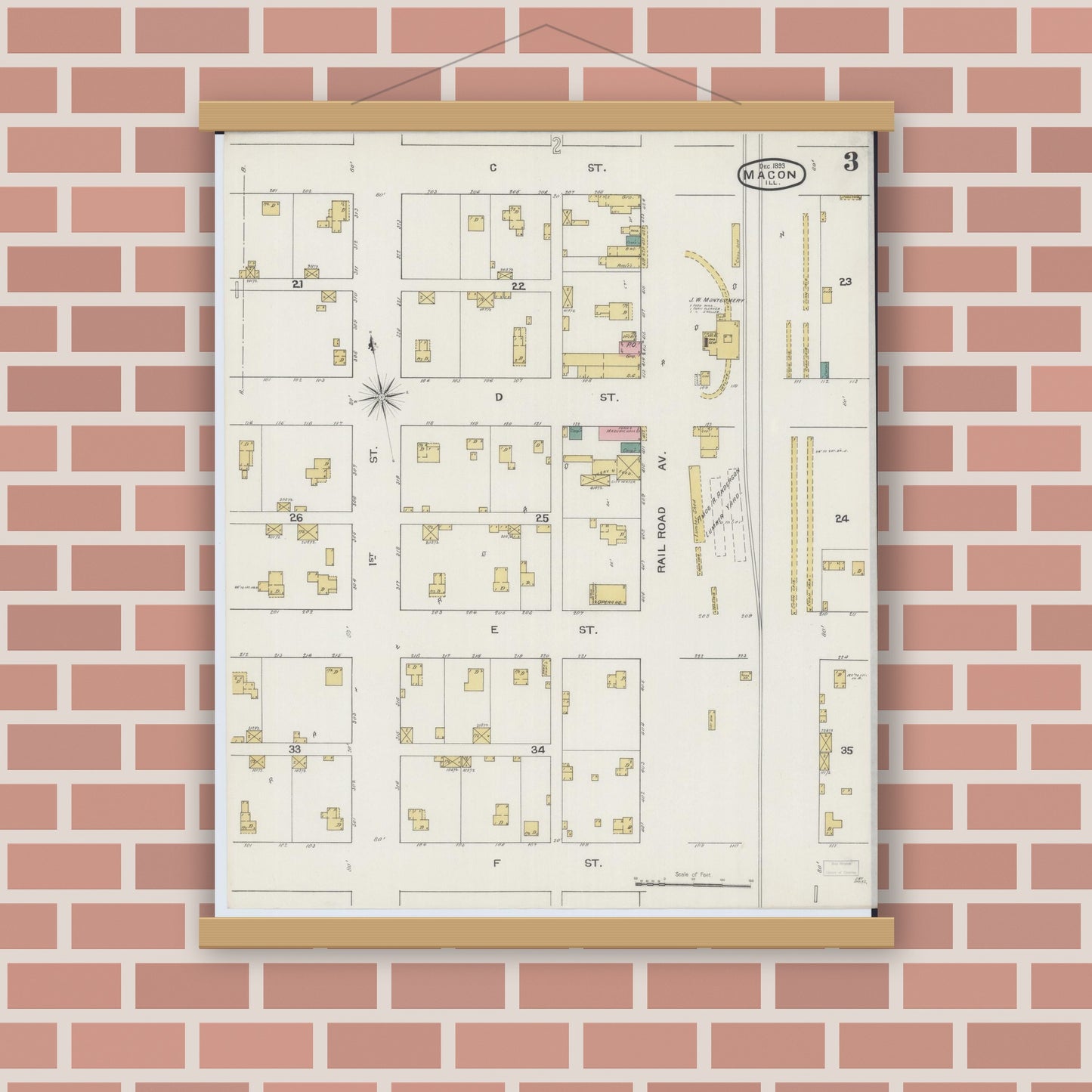 Old map wall art mockup — magnetic wood frame on brick wall — Sanborn Fire Insurance Map from Macon, Macon County, Illinois (1893), Sheet #0003