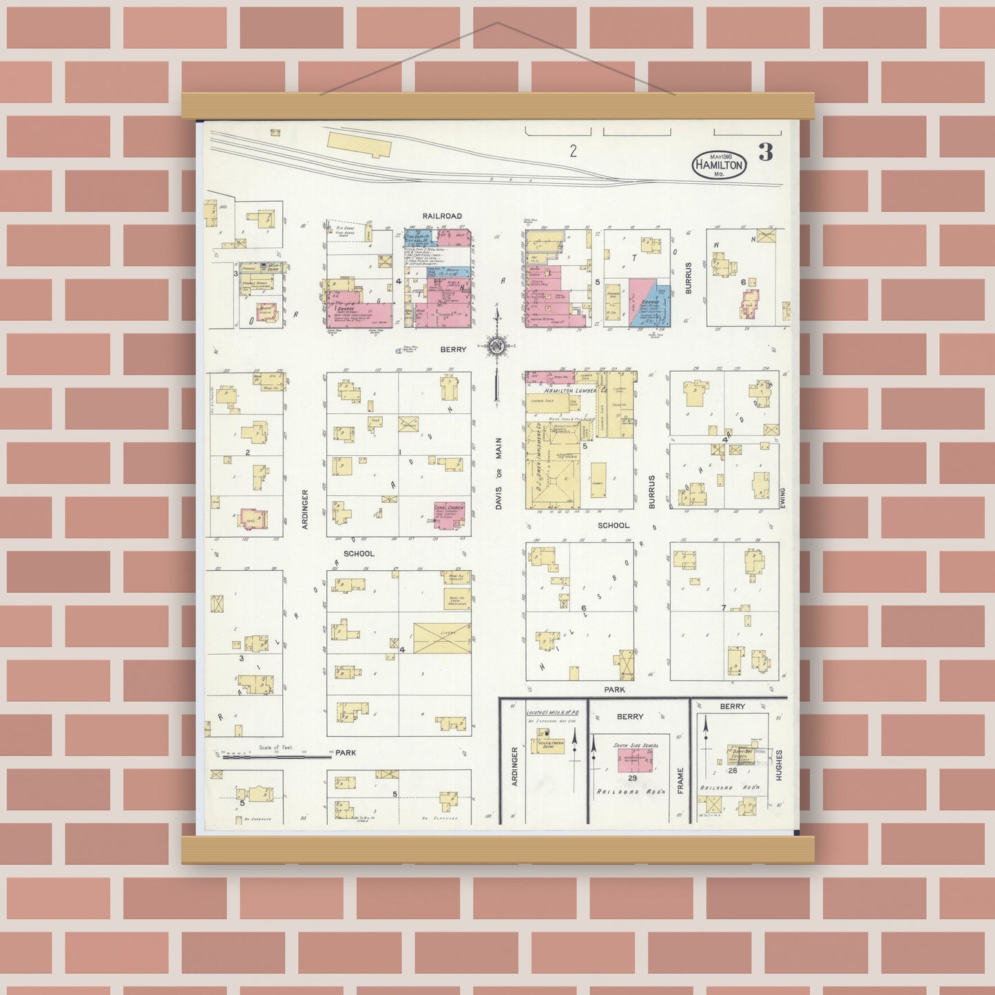 Old map wall art mockup — magnetic wood frame on brick wall — Sanborn Fire Insurance Map from Hamilton, Caldwell County, Missouri (1916), Sheet #0003