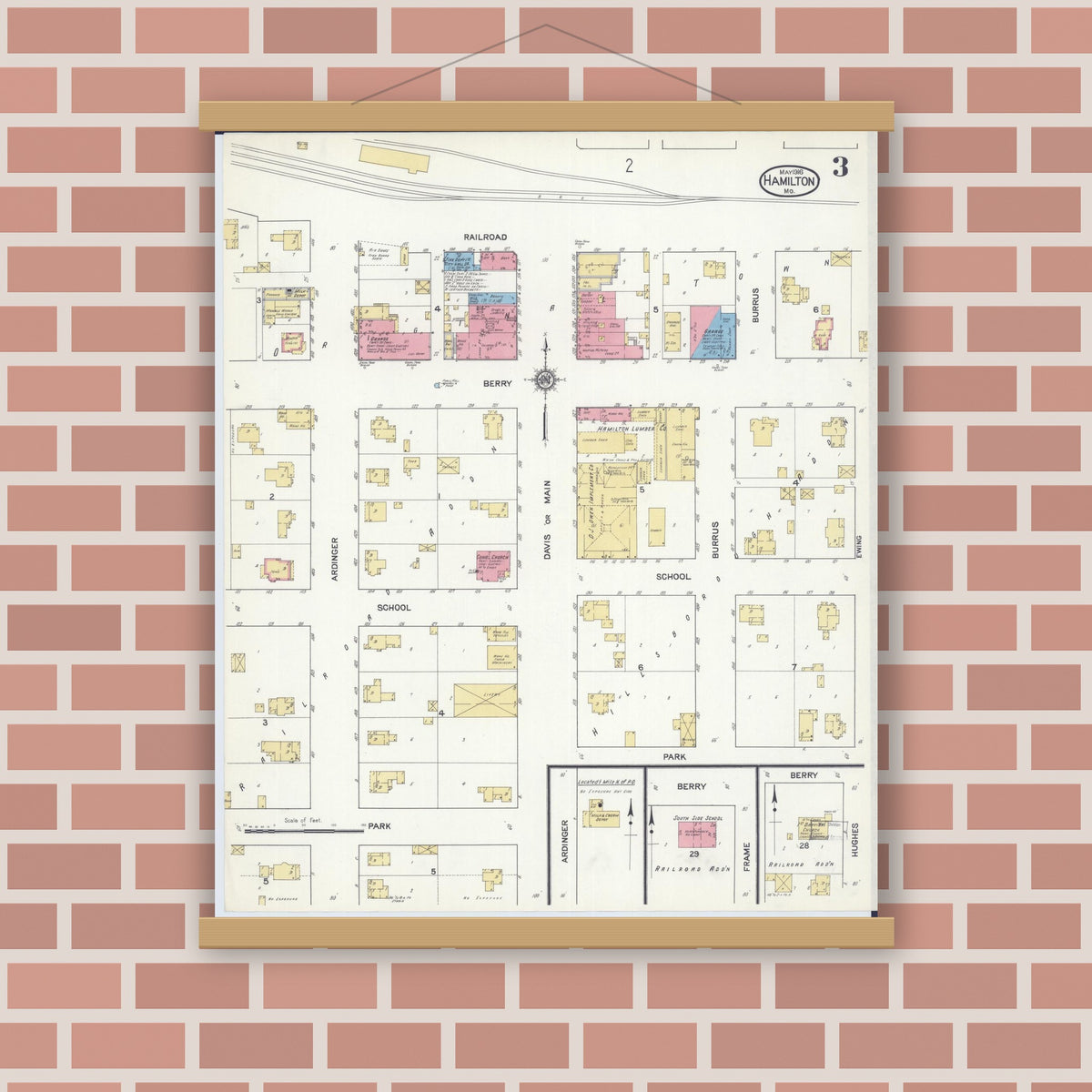 Old map wall art mockup — magnetic wood frame on brick wall — Sanborn Fire Insurance Map from Hamilton, Caldwell County, Missouri (1916), Sheet #0003