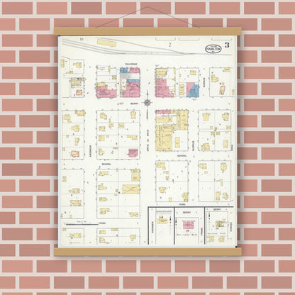 Old map wall art mockup — magnetic wood frame on brick wall — Sanborn Fire Insurance Map from Hamilton, Caldwell County, Missouri (1916), Sheet #0003