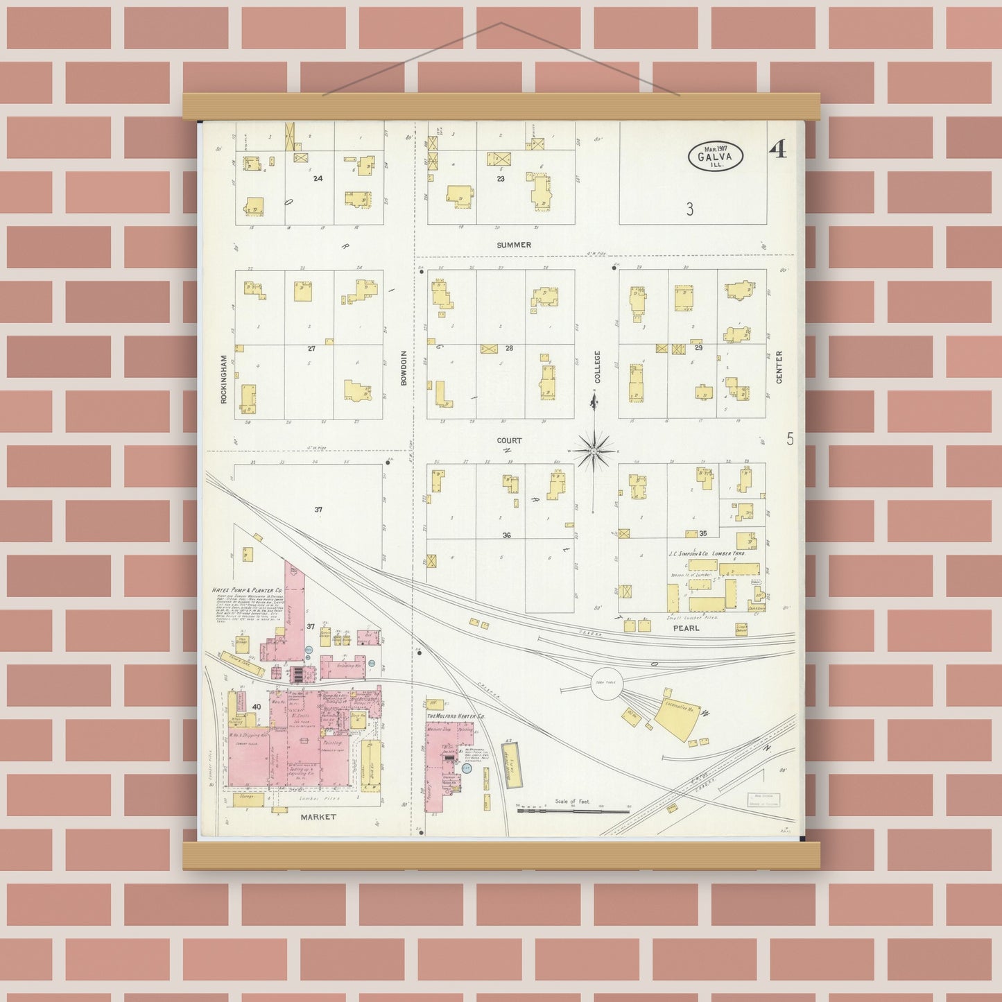 Old map wall art mockup — magnetic wood frame on brick wall — Sanborn Fire Insurance Map from Galva, Henry County, Illinois (1907), Sheet #0004