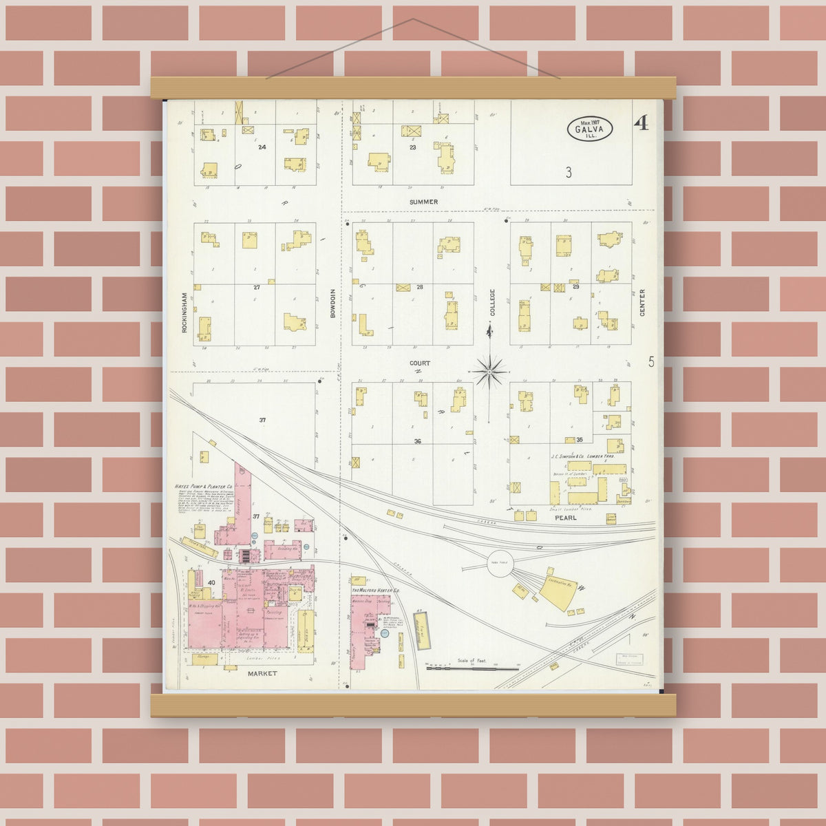 Old map wall art mockup — magnetic wood frame on brick wall — Sanborn Fire Insurance Map from Galva, Henry County, Illinois (1907), Sheet #0004
