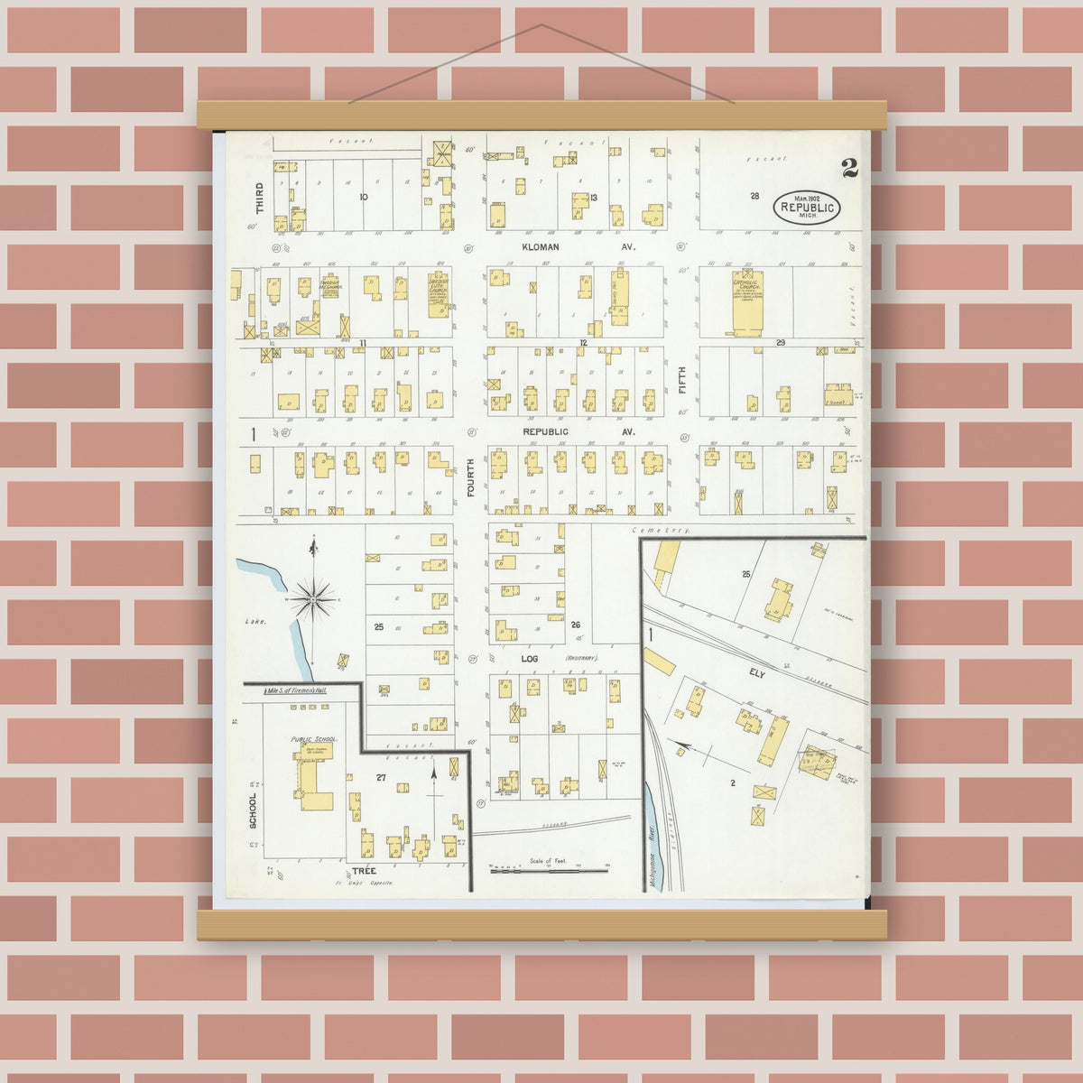 Old map wall art mockup — magnetic wood frame on brick wall — Sanborn Fire Insurance Map from Republic, Marquette County, Michigan (1902), Sheet #0002
