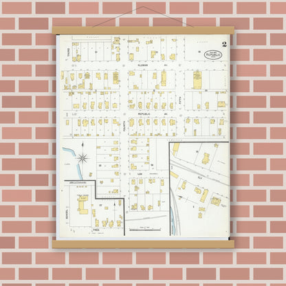 Old map wall art mockup — magnetic wood frame on brick wall — Sanborn Fire Insurance Map from Republic, Marquette County, Michigan (1902), Sheet #0002