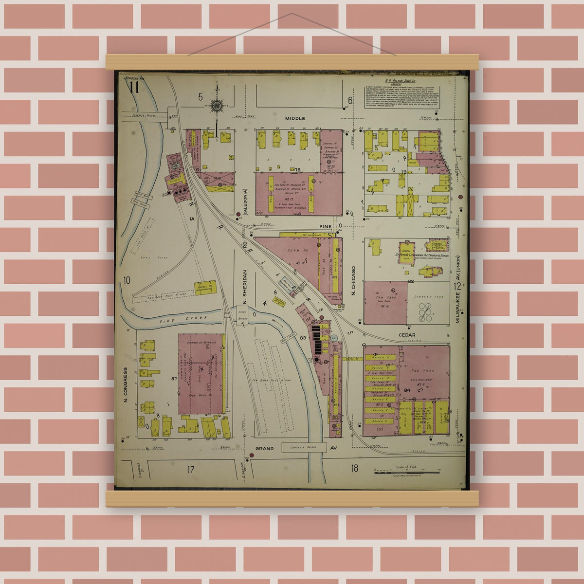 Old map wall art mockup — magnetic wood frame on brick wall — Sanborn Fire Insurance Map from Kenosha, Kenosha County, Wisconsin. (1918), Sheet 15