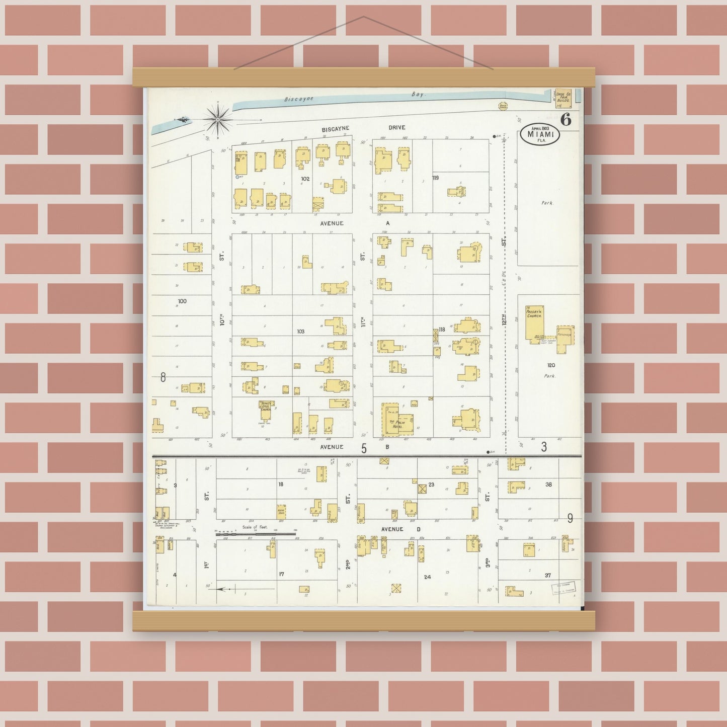 Old map wall art mockup — magnetic wood frame on brick wall — Sanborn Fire Insurance Map from Miami, Dade County, Florida (1903), Sheet #0006