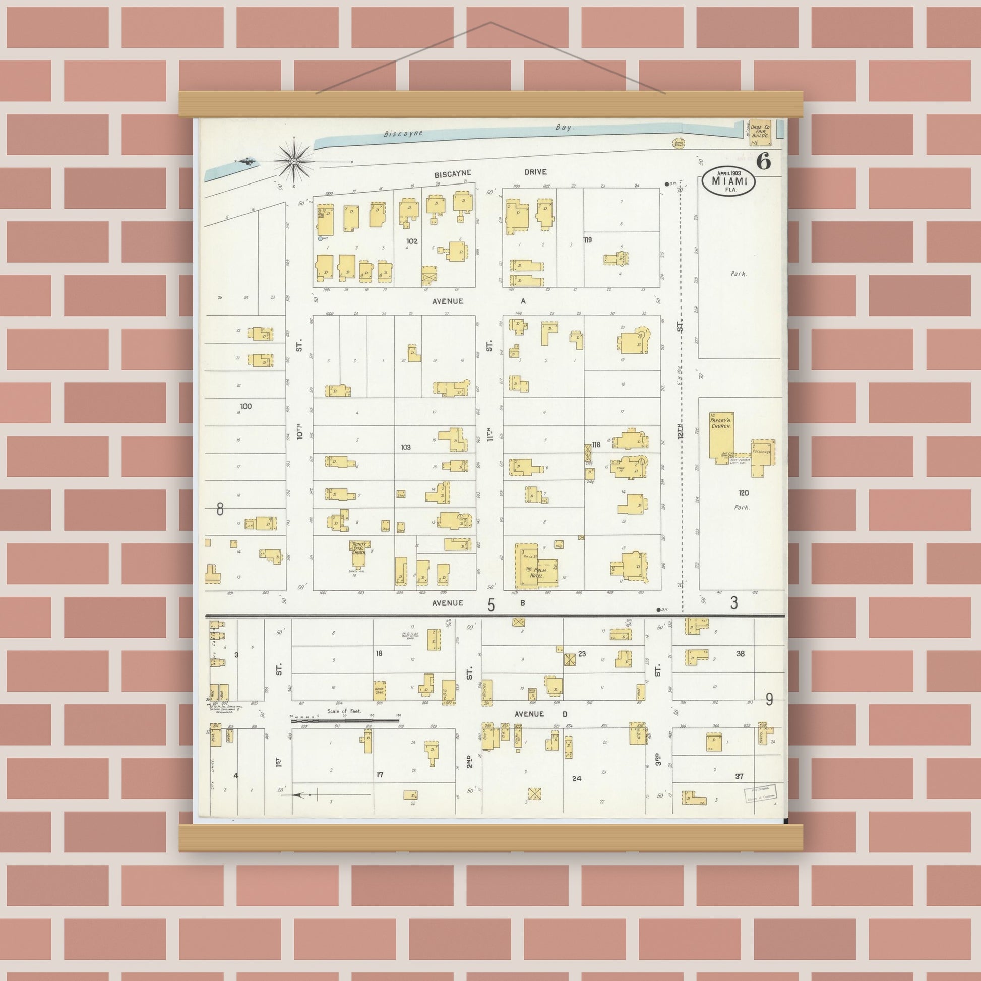 Old map wall art mockup — magnetic wood frame on brick wall — Sanborn Fire Insurance Map from Miami, Dade County, Florida (1903), Sheet #0006