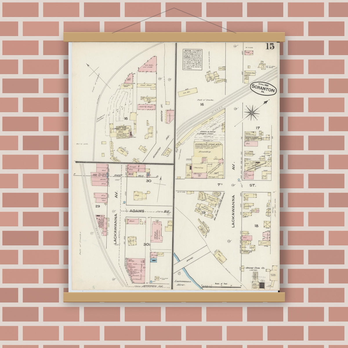 Old map wall art mockup — magnetic wood frame on brick wall — Sanborn Fire Insurance Map from Scranton, Lackawanna County, Pennsylvania (1884), Sheet #0015