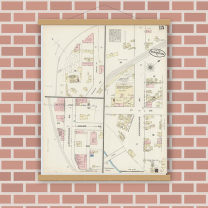 Old map wall art mockup — magnetic wood frame on brick wall — Sanborn Fire Insurance Map from Scranton, Lackawanna County, Pennsylvania (1884), Sheet #0015