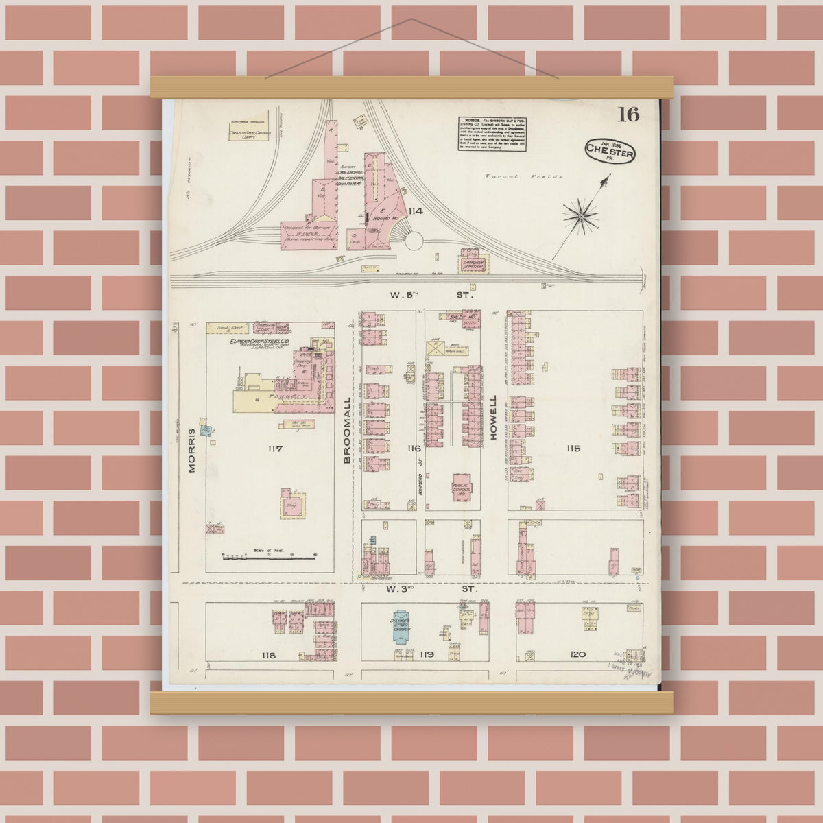 Old map wall art mockup — magnetic wood frame on brick wall — Sanborn Fire Insurance Map from Chester, Delaware County, Pennsylvania (1885), Sheet #0016