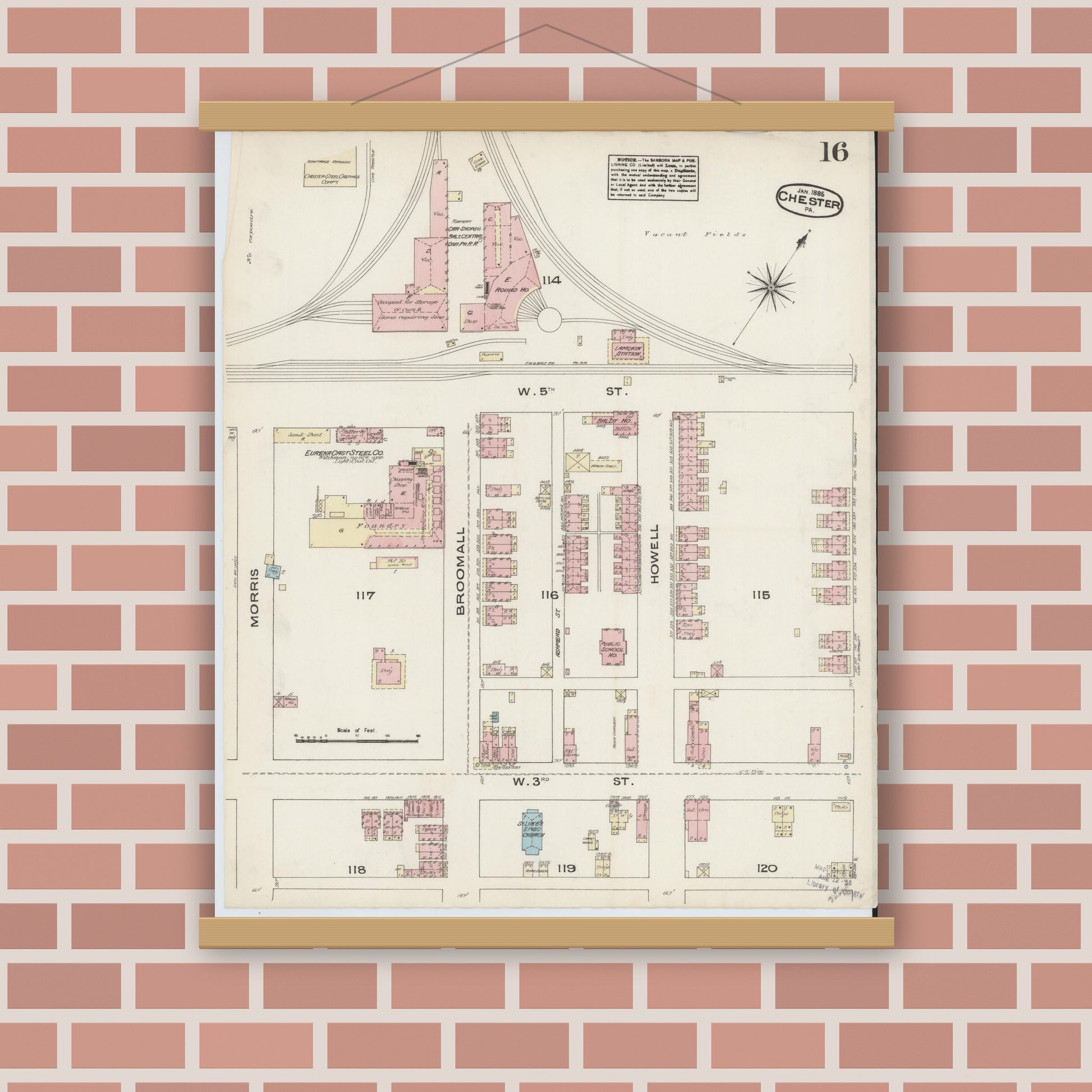 Old map wall art mockup — magnetic wood frame on brick wall — Sanborn Fire Insurance Map from Chester, Delaware County, Pennsylvania (1885), Sheet #0016