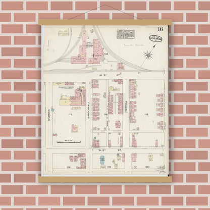 Old map wall art mockup — magnetic wood frame on brick wall — Sanborn Fire Insurance Map from Chester, Delaware County, Pennsylvania (1885), Sheet #0016