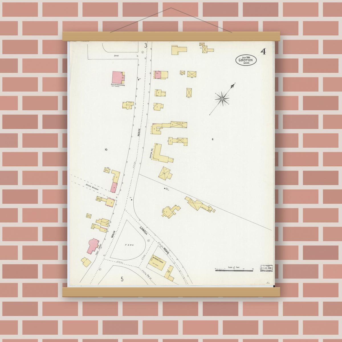 Old map wall art mockup — magnetic wood frame on brick wall — Sanborn Fire Insurance Map from Groton, Middlesex County, Massachusetts (1906), Sheet #0004