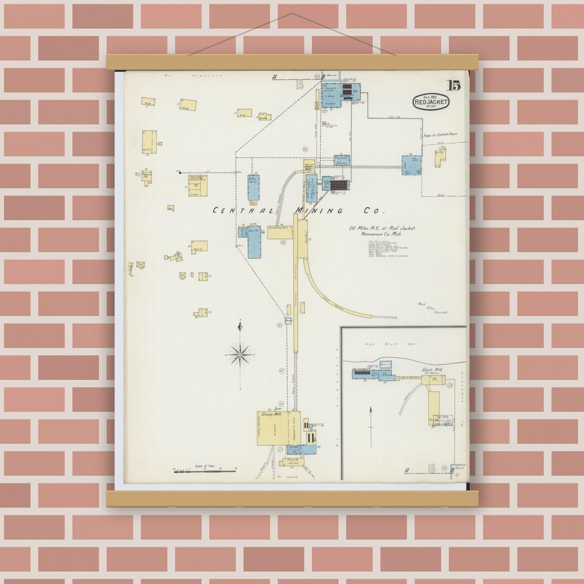 Old map wall art mockup — magnetic wood frame on brick wall — Sanborn Fire Insurance Map from Red Jacket, Houghton County, Michigan (1893), Sheet #0015