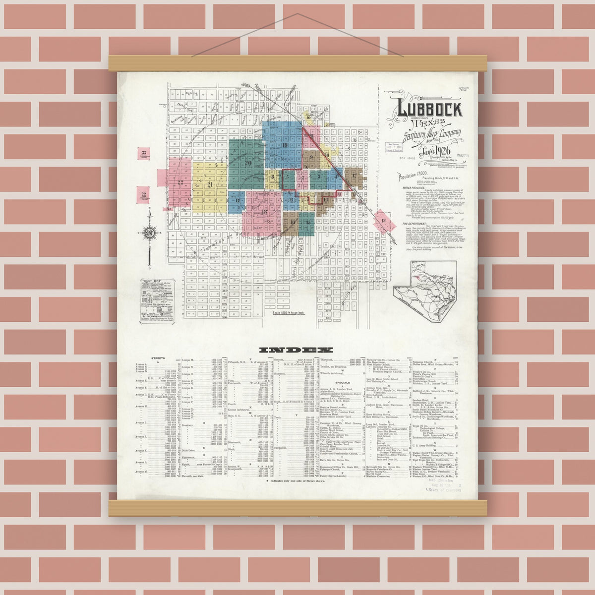 Old map wall art mockup — magnetic wood frame on brick wall — Sanborn Fire Insurance Map from Lubbock, Lubbock County, Texas (1926) - Complete Map Set