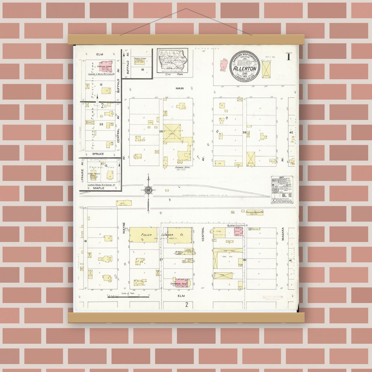 Old map wall art mockup — magnetic wood frame on brick wall — Sanborn Fire Insurance Map from Allerton, Wayne County, Iowa (1913), Sheet #0001