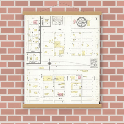 Old map wall art mockup — magnetic wood frame on brick wall — Sanborn Fire Insurance Map from Allerton, Wayne County, Iowa (1913), Sheet #0001