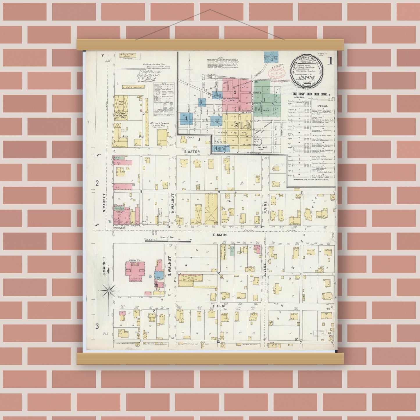 Old map wall art mockup — magnetic wood frame on brick wall — Sanborn Fire Insurance Map from Urbana, Champaign County, Illinois (1897) - Complete Map Set