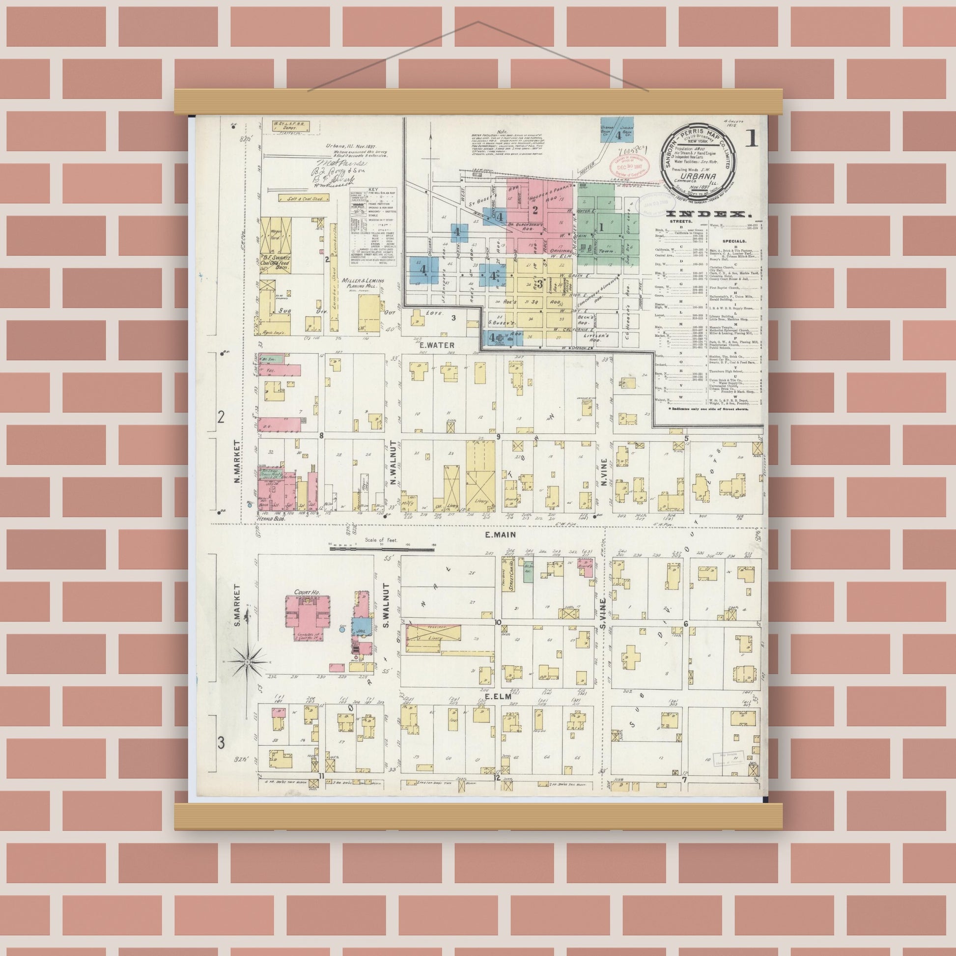 Old map wall art mockup — magnetic wood frame on brick wall — Sanborn Fire Insurance Map from Urbana, Champaign County, Illinois (1897) - Complete Map Set
