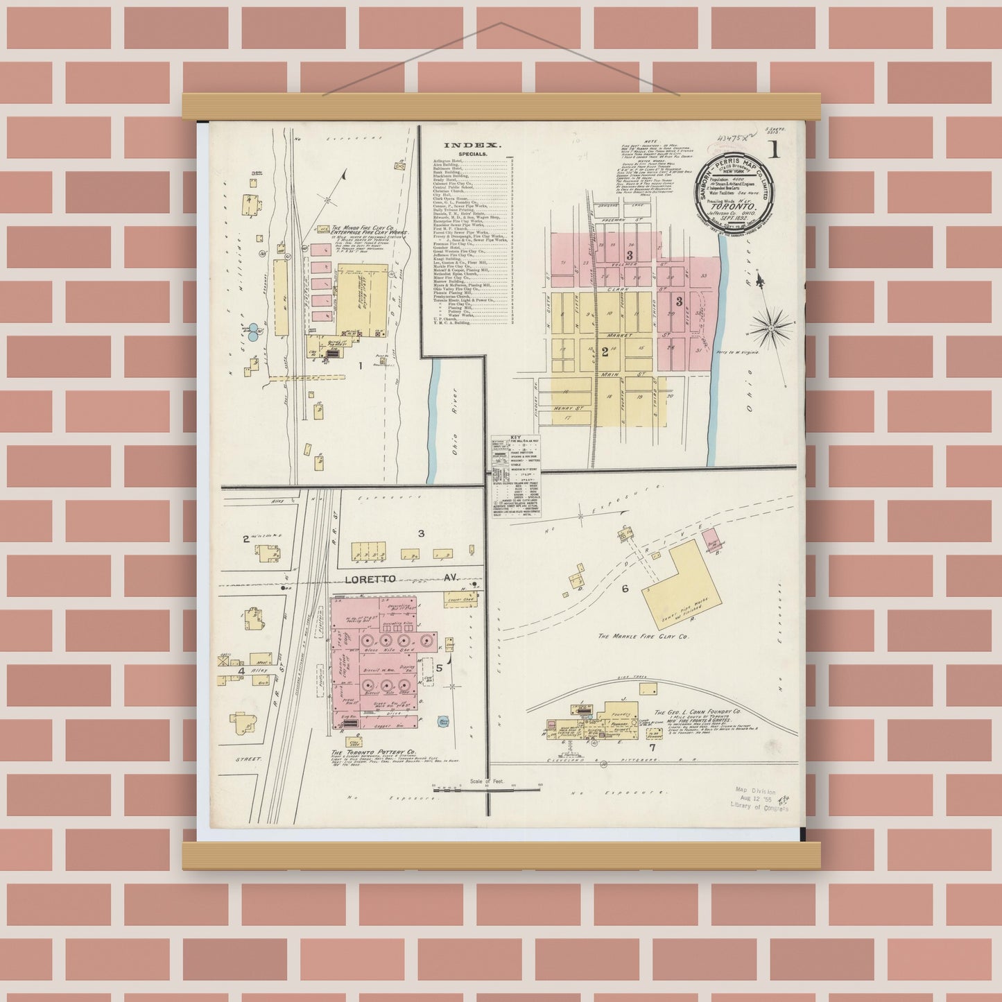 Old map wall art mockup — magnetic wood frame on brick wall — Sanborn Fire Insurance Map from Toronto, Jefferson County, Ohio (1892), Sheet #0001